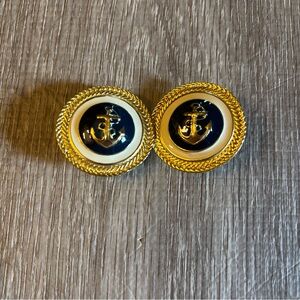 Vtg Gold Tone White Blue & Gold Enamel Nautical Anchor Clip-On Earrings